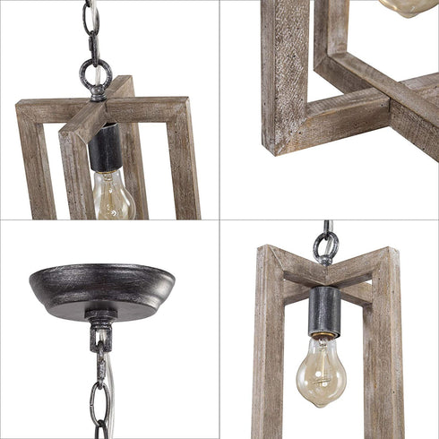LALUZ Farmhouse Wood Pendant Lighting for Kitchen Island, Small Square Pendant Light Fixture for Bedroom, Kitchen Sink, Entryway, Dining Room, Foyer