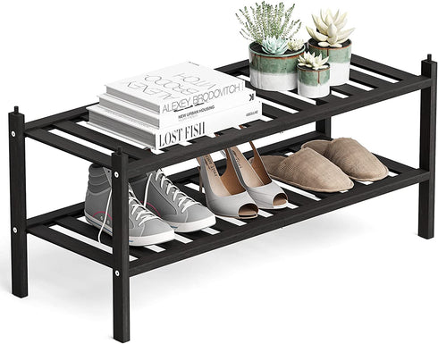 Dranixly Shoe Rack, 2-Tier Bamboo Stackable Shoe Shelf Storage Organizer, Shoe Stand for Closet, Entryway, Hallway, Bathroom and Living Room?Black?