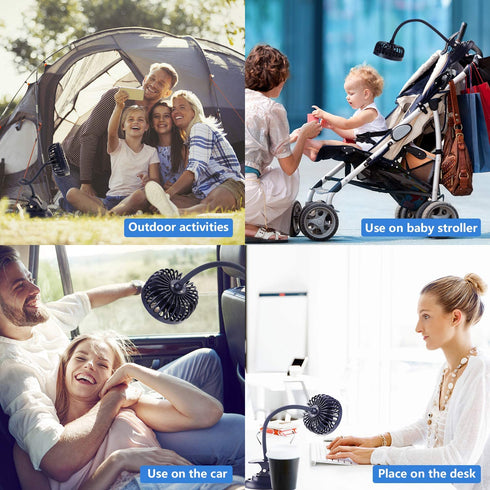 Mikikin Portable Mini Clip on Stroller Fan, 3 Speeds Settings, Flexible Bendable USB Rechargeable Battery Operated Quiet Desk Fan Ideal for Home, Office, Car, Travel, Camping, Outdoor