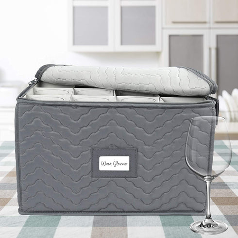LotFancy Stemware Storage Container - Deluxe Quilted Storage Case with Dividers for 12 - Wine Glasses, Champagne Flutes, Glassware, Drinkware Storage Chest, 15.5?x12.5?x 10?, Gray
