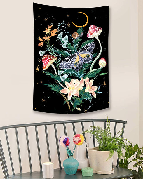 Fowocu Butterfly and Flower Vertical Tapestry Wall Hanging, Moon and Stars Floral Tapestries, Black Wildflower Aesthetic Tarot Wall Tapestry for Bedroom Dorm Living Room (Black, 44'' × 60'')
