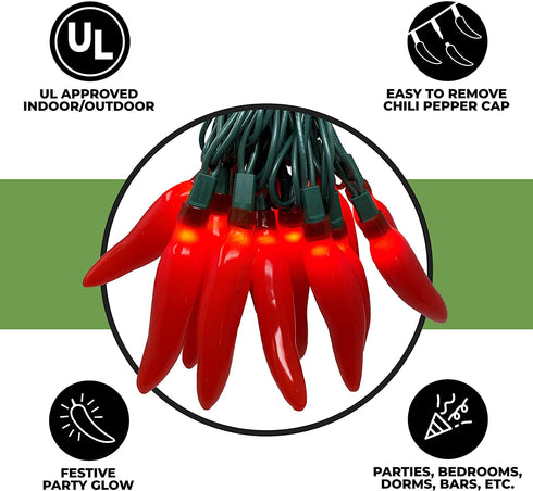 612 Vermont 35 Count Chili Pepper String Light, Indoor/Outdoor Use, Connect up to 13 Sets End to End, 11.8 Foot Lighted Length, 12.4 Foot Total Length (Red)