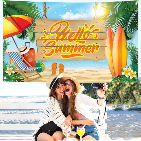 XtraLarge, Hello Summer Banner - 72x44 | Summer Birthday Banner for Hawaiian Party Decorations | Summer Beach Party Decorations | Aloha Banner for Luau Party Decorations | Flamingo Party Decorations