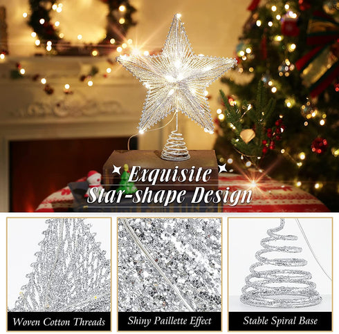 Roylvan Star Tree Topper, Glitter Christmas Star Tree Top Light, Battery Powered Decorative Treetop Light Xmas Tradition Tree Ornament for Home Decor, 9.8 x 11.8 inch, Silver