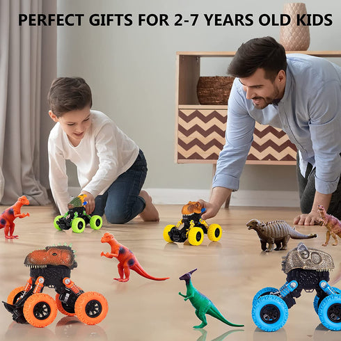 Dinosaur Toys for Kids 3-5, Monster Trucks Dino Toy for 3 Year Old Boys and Toddlers, 4 Pack Pull Back Toy Cars, Dinosaur Games with T-Rex, Birthday Gifts for Kids 3 4 5 and Up