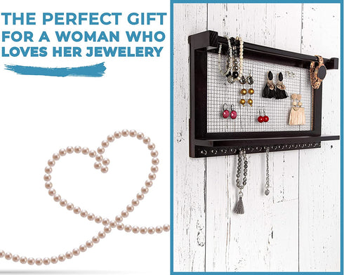 Rustic Jewelry Organizer Wall Mounted Jewelry Holder with Removable Bracelet Rod, Shelf and 16 Hooks Perfect Earrings, Necklaces and Bracelets Holder Vintage Jewelry Display Dark Brown