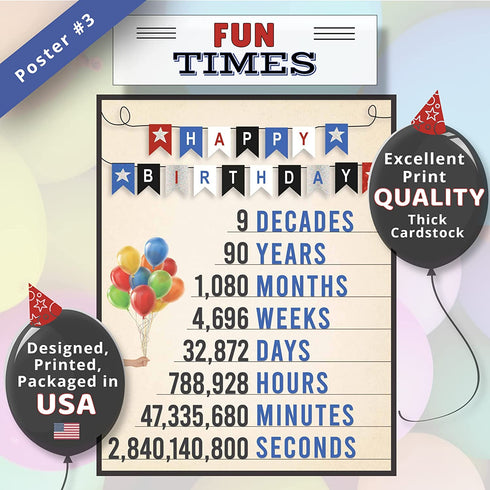 VAPARA DESIGNS 90th Birthday Decorations - 3 Pack of Fun, Artistic 11x14" Birthday Posters - 90th Birthday Decorations For Men and Women - 90 Years Ago - Back In 1932
