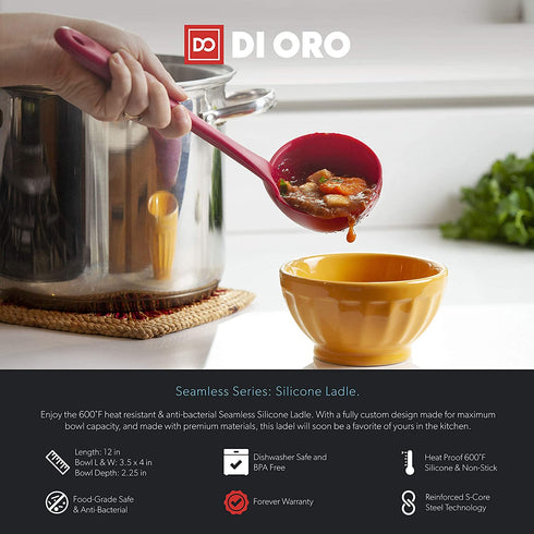New DI ORO Seamless Series Silicone Kitchen Soup Ladle 600°F Heat-Resistant Serving and Rubber Cooking Spoon Maximum Bowl Capacity Dishwasher Safe with a Heavy-Duty Stainless-Steel Core (Red)