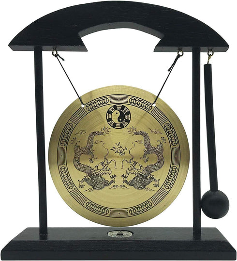 Mose Cafolo Zen Art Brass Feng Shui Desktop Table Gong, Dragon with Taiji Symbols, Makes Clear Sound, Collectible Figurines
