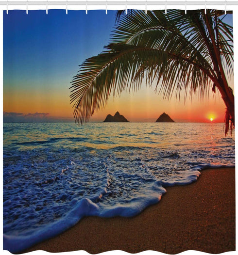 Ambesonne Hawaiian Shower Curtain, Pacific Sunrise at Lanikai Beach Hawaii Colorful Sky Wavy Ocean Surface Scene, Cloth Fabric Bathroom Decor Set with Hooks, 69" W x 70" L, Blue Brown