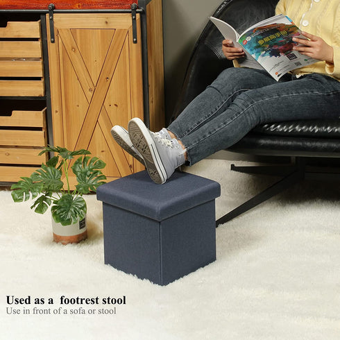 B FSOBEIIALEO Storage Ottoman Cube, Linen Small Coffee Table, Foot Rest Stool Seat, Folding Toys Chest Collapsible for Kids Blue 11.8"x11.8"x11.8"