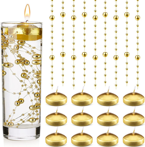 Artificial Pearl String for Floating Candles,12 Unscented Floating Candles for Centerpiece,33 Feet Faux Pearl Filler Vase Filling for Wedding Dinning Table Holiday Party Pool Christmas Decor (Gold)