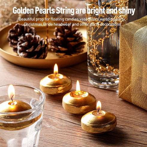 Artificial Pearl String for Floating Candles,12 Unscented Floating Candles for Centerpiece,33 Feet Faux Pearl Filler Vase Filling for Wedding Dinning Table Holiday Party Pool Christmas Decor (Gold)