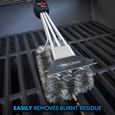 Kona Grill Brush and Scraper - 360 Straight Edge - Compatible with Weber and Pellet Grill Brands - BBQ Cleaner Fits All Grills, Stainless Steel, Cast Iron, Porcelain - Flex Grip Handle