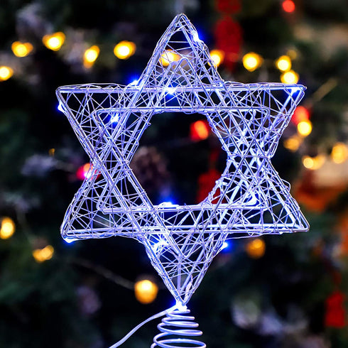 Impress Life Rattan Star of David Chanukah Christmas Tree Topper, with Warm White LED String, Wire Weaving, Battery Powered, 7'' Star Tree Topper for Diwali, Birthday, Wedding, Parties & Home