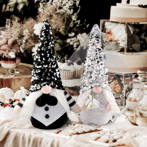 2 Pcs Bride & Bridegroom Wedding Dress Gnome Decoration, Shinning Wedding Dress Gnome Plush Present,Couple Dwarf Doll Elf Scandinavian Ornaments Home Decor Plot Gifts