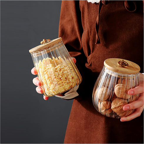 Small Glass Coffee Nuts Canister Airtight Storage Jar Petal Decorative Container with Bamboo Lid Metal Handle Easy to Grasp 700ml, 23 FL OZ (Set of 2)