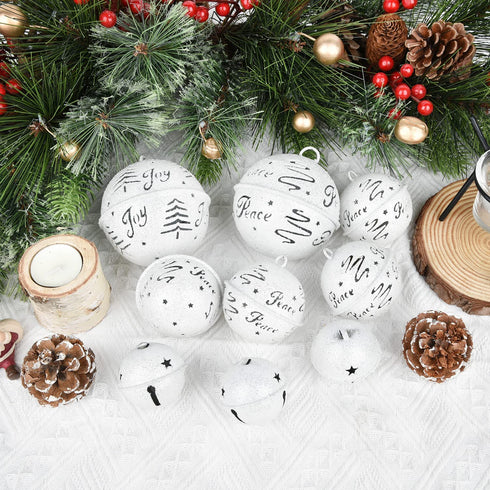 DearHouse 10 Pcs Big Christmas Jingle Bells, 2Inch-3.6Inch White Glitter Christmas Metal Sleigh Bells Rustic Craft Bells for Christmas Tree Wreath Garland Ornaments Holiday DIY Decorations