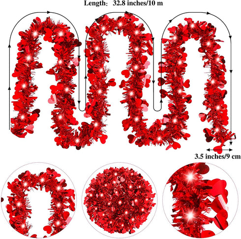 Fovths 32.8 Feet Valentines Tinsel Garland Metallic Tinsel Twist Garland with Red String Lights Valentines Tree Hanging Garland Decoration for Valentine Indoor Outdoor Decorations (Red)