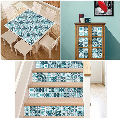 Mohepo Peel and Stick Backsplash Tile Stick on Kitchen Vinyl 3D Wall Decor Panels Sticker Talavera Mexican 9 Plaid 12"x12"(5 Sheets,Blue&White)