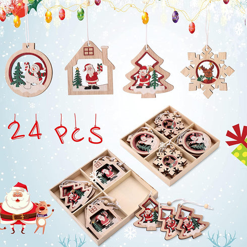 Wooden Farmhouse Christmas Tree Ornaments 24 Pieces, 2.3-inch Wooden Hollow Santa Claus Pendant, Snowman Pendant Ornaments Crafts, Christmas Party Ornaments.