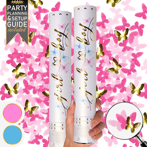 Premium Gender Reveal Confetti Cannon - Set of 2 - Butterfly Confetti Poppers in Pink or Blue - Gender Reveal Decorations and Baby Gender Reveal Party Supplies in Girl or Boy Gender Reveal Cannons