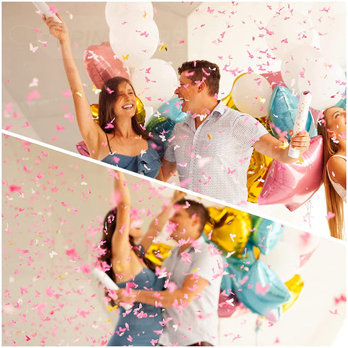Premium Gender Reveal Confetti Cannon - Set of 2 - Butterfly Confetti Poppers in Pink or Blue - Gender Reveal Decorations and Baby Gender Reveal Party Supplies in Girl or Boy Gender Reveal Cannons
