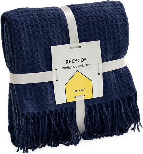 RECYCO Throw Blanket for Couch Navy Blue Waffle Throw Blanket Lightweight Soft Cozy Bed Decor Travel Blanket with Tassels for Living Room 50"x60"