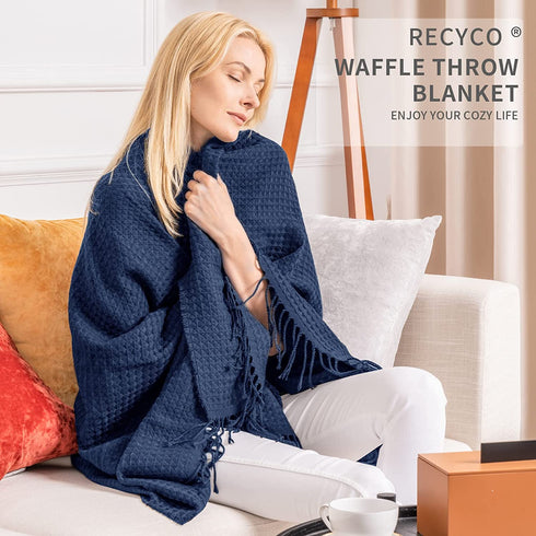 RECYCO Throw Blanket for Couch Navy Blue Waffle Throw Blanket Lightweight Soft Cozy Bed Decor Travel Blanket with Tassels for Living Room 50"x60"