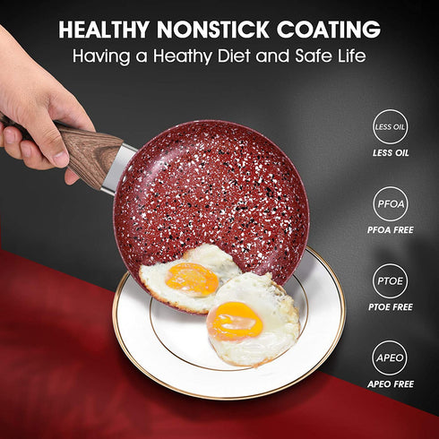CSK 8" Nonstick Frying Pan - Frying Pan with Natural Textured Bakelite Handle, 100% APEO & PFOA-Free Granite Coating, Stone Earth Frying Pan and Skillet Cookware, Ideal for Self-Cooking
