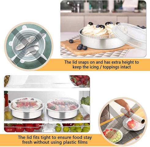 8-inch Cake Pan with Lid Set (3 Pans + 3 Lids), P&P CHEF Stainless Steel Round Baking Pan for Picnic Wedding Birthday, Leakproof Pan & Raised Plastic Lid, Healthy & Non-toxic, Dishwasher Safe