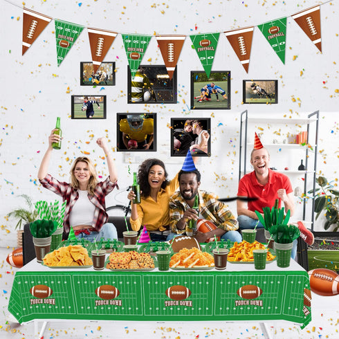 Football Theme Party Supplies - Includes Football Banner, Plates, Napkins, Cup, Tablecloth, Knives, Fork, Spoon and Straws for Boys Sports Theme Birthday Decorations, Serves 20 Guests