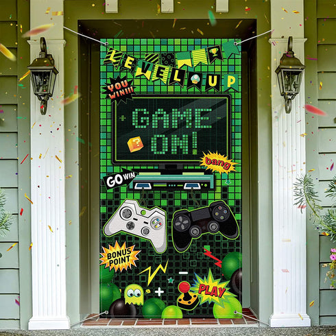 Video Game Party Decoration Video Gaming Photo Door Backdrop Game On Boys Birthday Photo Banner Gamer Room Decor for Game Fans Video Gamer Party Decoration Supplies, 6 x 3 Feet