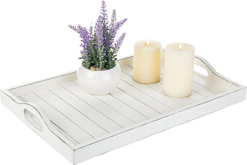 MyGift 16 x 11 inch, Large Whitewashed Wood Serving Tray with Cutout Handles, Rectangular Slatted Design Breakfast Ottoman Coffee Table Decorative Platter