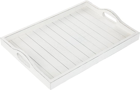 MyGift 16 x 11 inch, Large Whitewashed Wood Serving Tray with Cutout Handles, Rectangular Slatted Design Breakfast Ottoman Coffee Table Decorative Platter