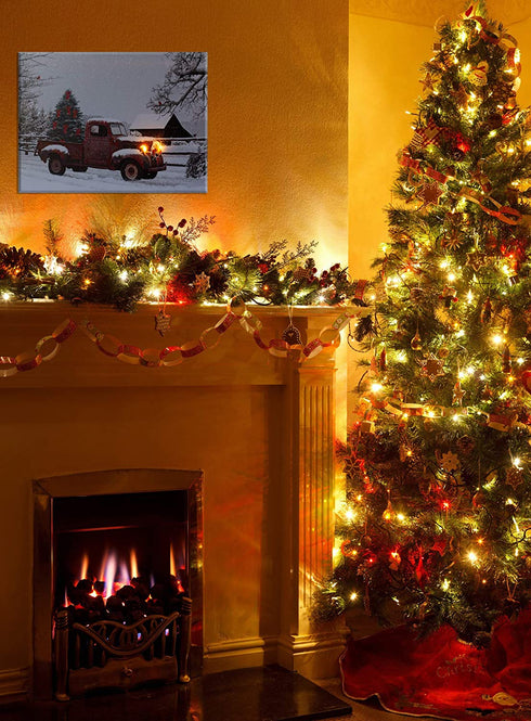 Lighted Vintage Red Truck Canvas Wall Art - LED Picture with Christmas Tree and Old-Fashioned Red Pick-Up Truck Winter Scene - Barn and Farmstead Setting