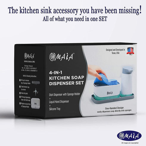 OMAIA 4-in-1 Dish Soap Dispenser Set - Kitchen Soap Dispenser with Sponge Holder and Liquid Hand Soap Dispenser and Silicone Tray - Countertop Organizer - Useful Kitchen Gadgets