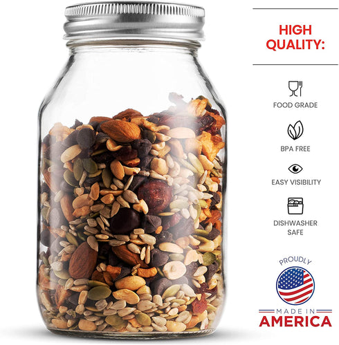 Glass Regular Mouth Mason Jars, 32 Ounce Glass Jars with Silver Metal Airtight Lids for Meal Prep, Food Storage, Canning, Drinking, Overnight Oats, Jelly, Dry Food, Spices, Salads, Yogurt (6 Pack)