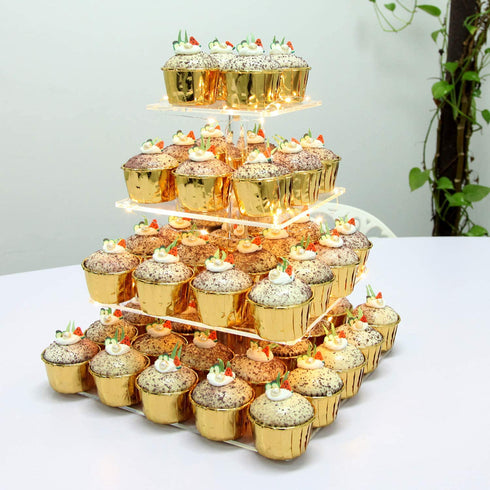 Vdomus Pastry Stand 4 Tier Acrylic Cupcake Display Stand with LED String Lights Dessert Tree Tower Pyramid for Birthday Wedding Party (Warm)