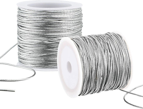 2 Rolls Metallic Elastic Cords Stretch Cord Ribbon Metallic Tinsel Cord Rope for Craft Making Gift Wrapping, 1 mm 55 Yards (Silver)