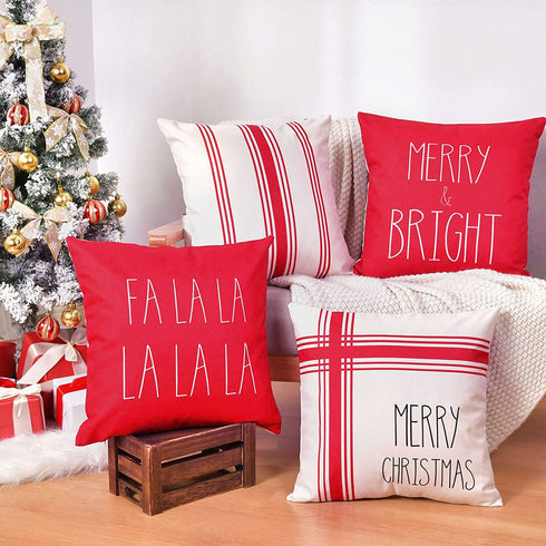 Christmas Pillow Covers 18x18 Inches Set of 4 Red Ticking Striped Merry Christmas Falala Merry&Bright Cushion Case Decoration for Sofa Couch Holiday Decor