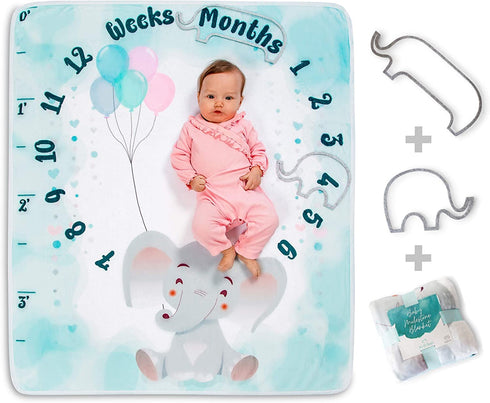 Baby Monthly Milestone Blanket - Special Design Elephant Frames, Soft Unisex Blankets with Growth Chart Ruler, Best for Baby Shower, Registry, Newborn Gifts, Baby Girl Gifts, Baby Boy Gifts