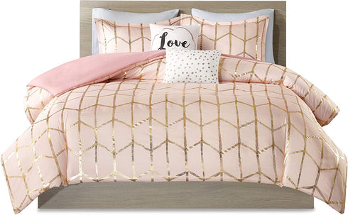 Intelligent Design Raina 5 Piece Metallic Printed Duvet Cover Set, Full/Queen, Blush/Gold