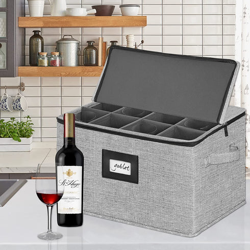 Stemware Storage Box,China Storage Containers Chest Boxes Holds 12 Wine Glass or Crystal Glassware with Lable Window and Handles,Hard Shell and Stackable (Grey)