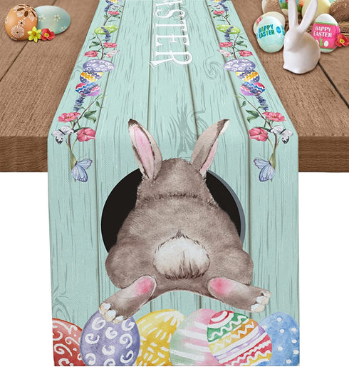 SUN-Shine Spring Table Runner Easter Rabbit on Farm Wooden Dresser Scarves-70inch Long,Teal Turquoise Linen Burlap Eggs and Floral Table Runners Cloth for Kitchen Dining April Holiday Party Decor