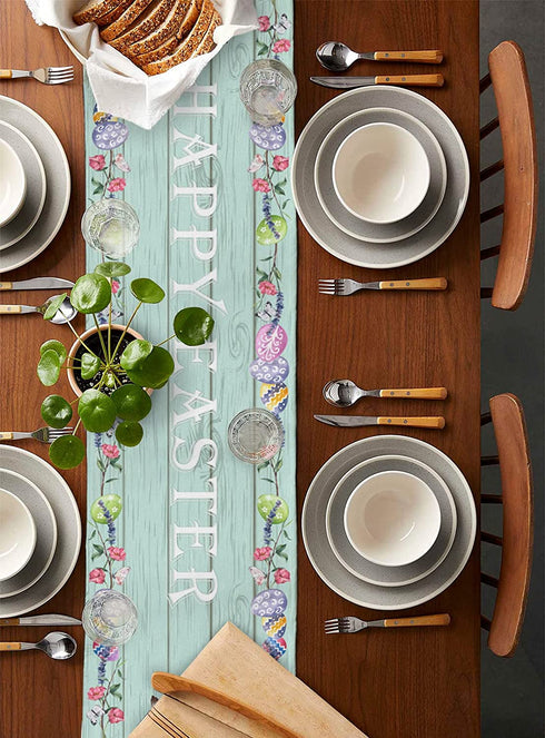 SUN-Shine Spring Table Runner Easter Rabbit on Farm Wooden Dresser Scarves-70inch Long,Teal Turquoise Linen Burlap Eggs and Floral Table Runners Cloth for Kitchen Dining April Holiday Party Decor