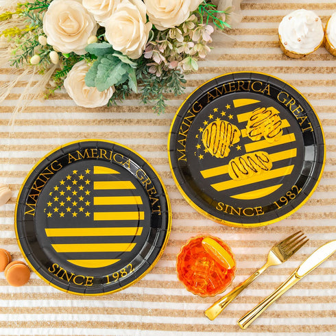 Crisky 40th Birthday Plates Black and Gold Dessert, Buffet, Cake, Lunch, Dinner Plates for 40th Birthday Decorations Party Supplies, Making Great Since 1982. 50 Count, 9" Plate