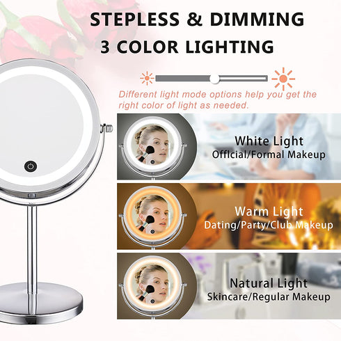 Lighted Makeup Mirror, 7X Magnifying Mirror with Touch Screen Adjustable LED Light, 7 Inch Mirror with Lights Double Sided 360 Degree Rotation