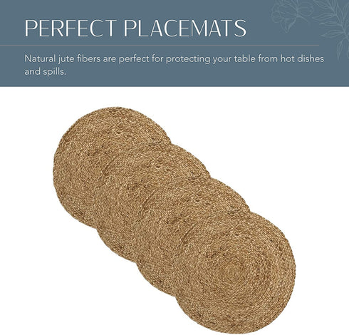 Elrene Home Fashions Everyday Casual Braided Jute Round Placemats, Jute Placemat Set for Casual Dining, 15 Inches by 15 Inches, Set of 4