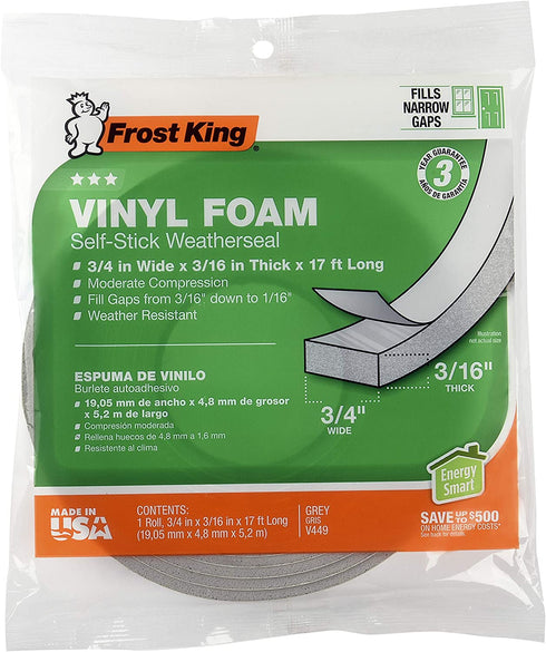 Frost King Vinyl Foam Tape - Closed Cell - Moderate Compression, 3/4" W, 3/16" Thick, 17' L, Grey